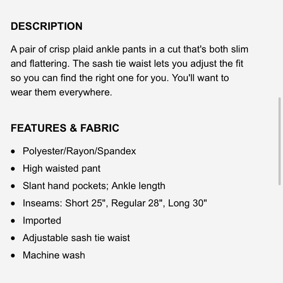 🆕✒️EXPRESS High Waisted Plaid Sash Tie Ankle Pant - Picture 8 of 9